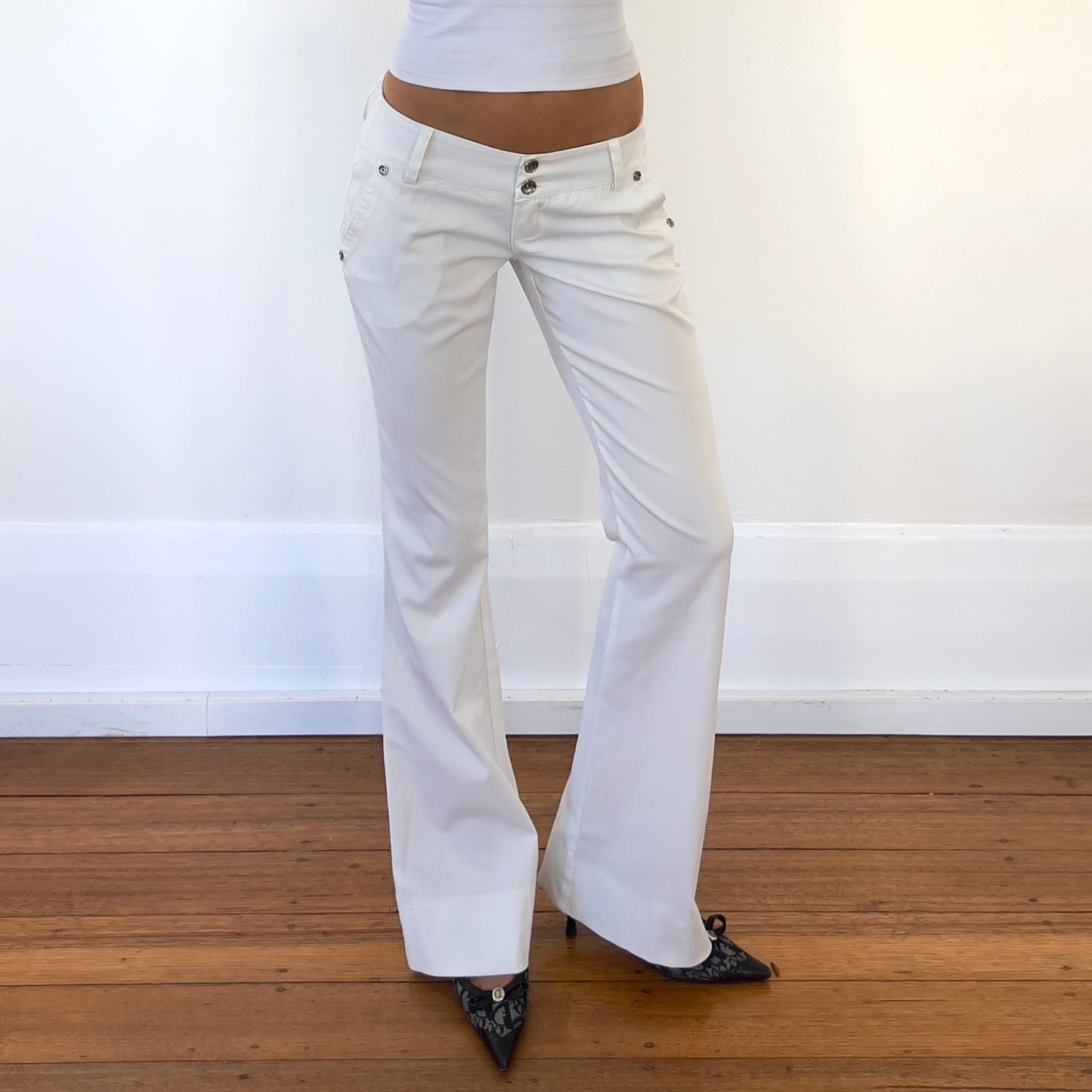 low rise white trousers