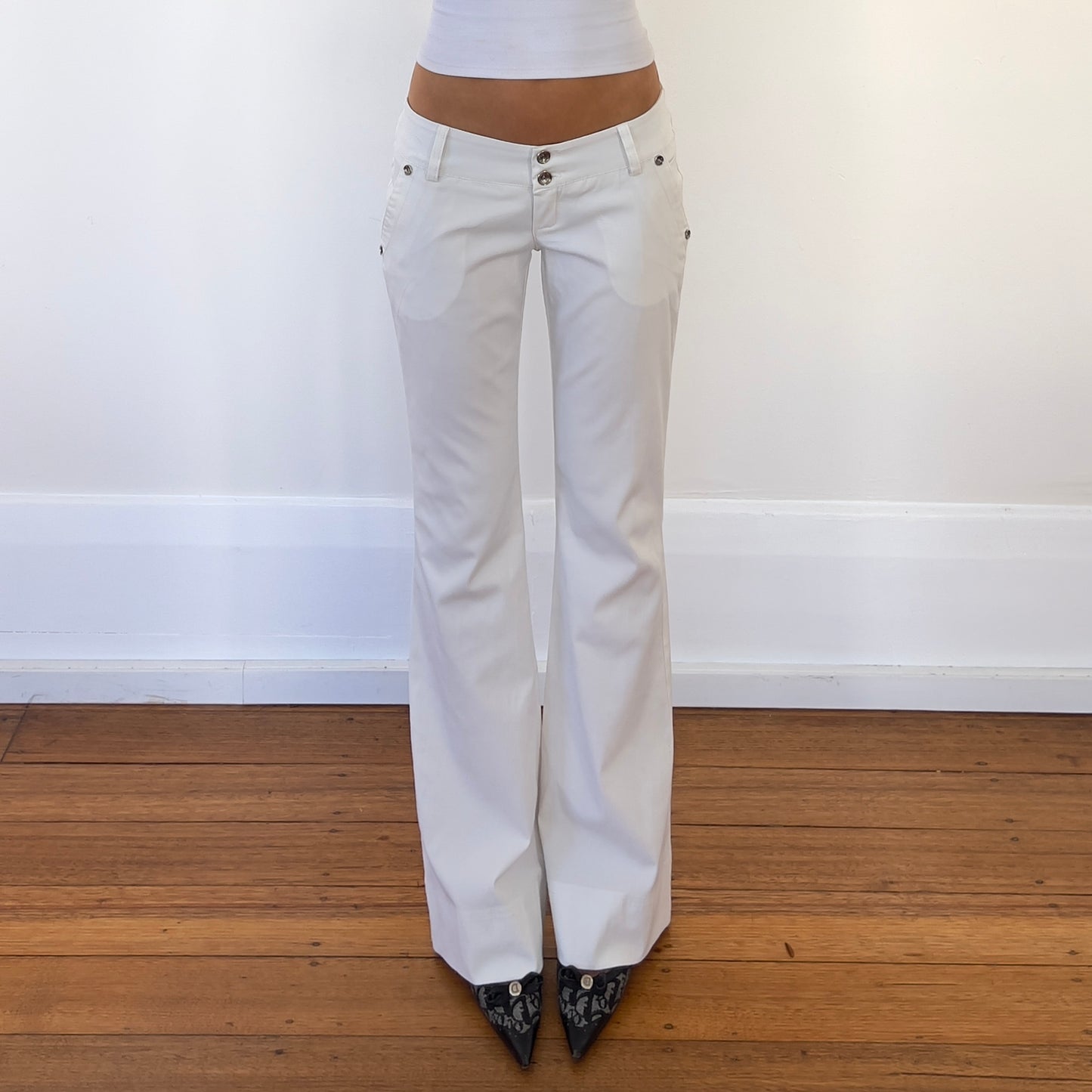 low rise white trousers