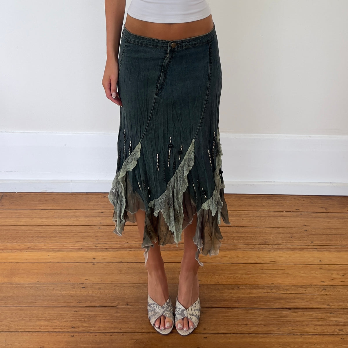 denim lace midi skirt