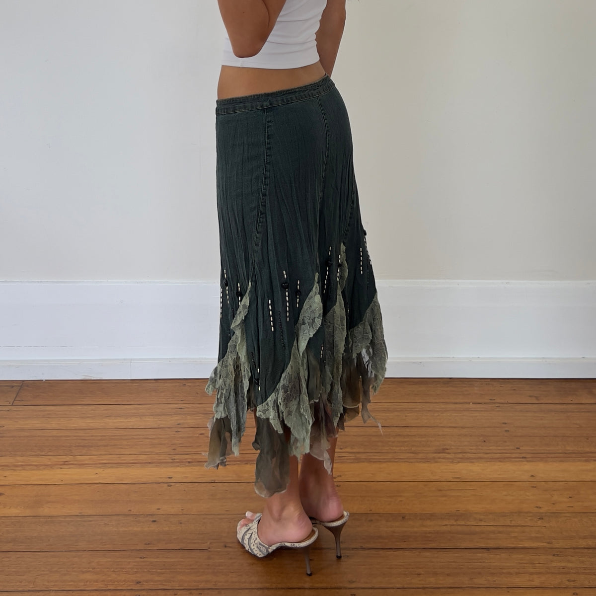 denim lace midi skirt