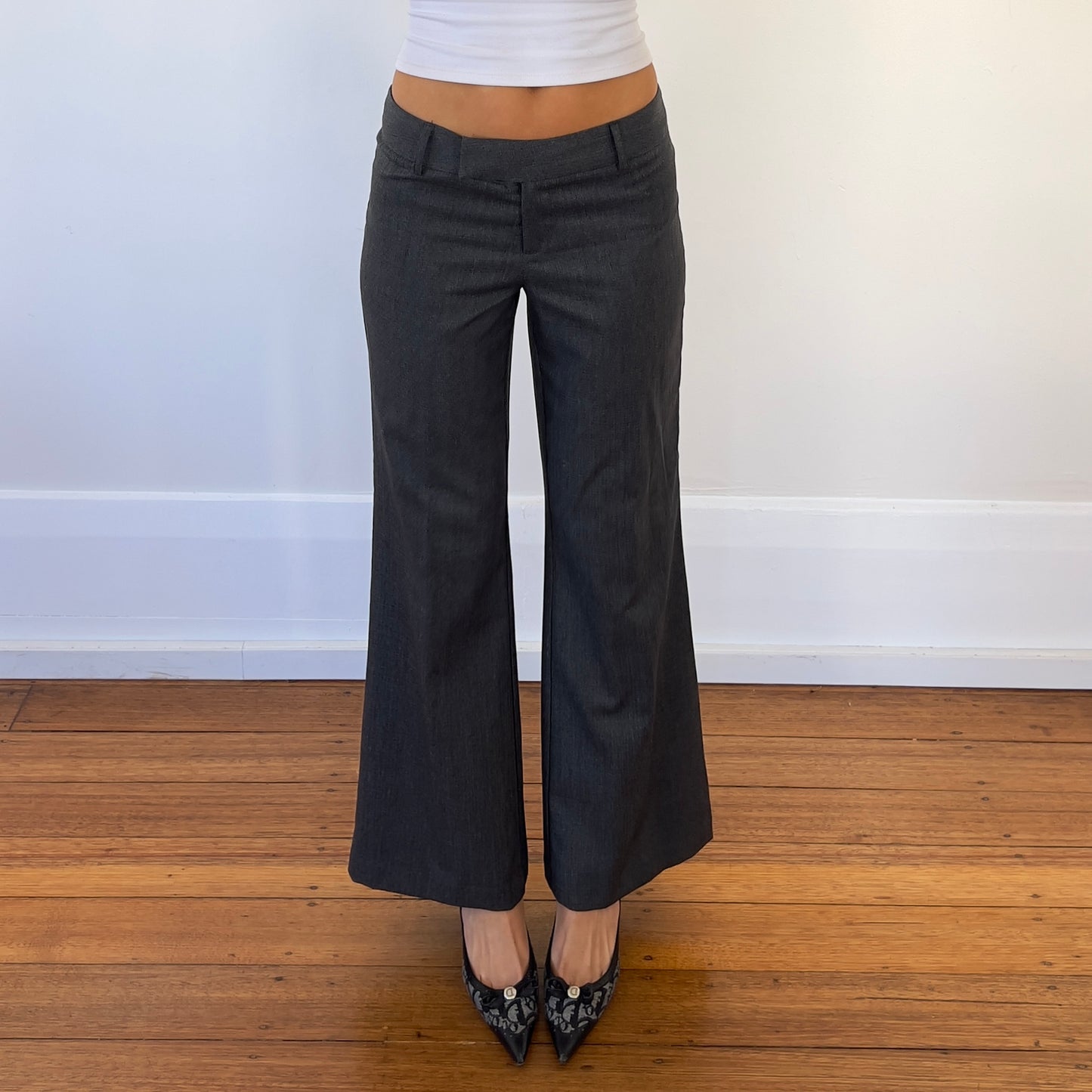 grey flared trousers