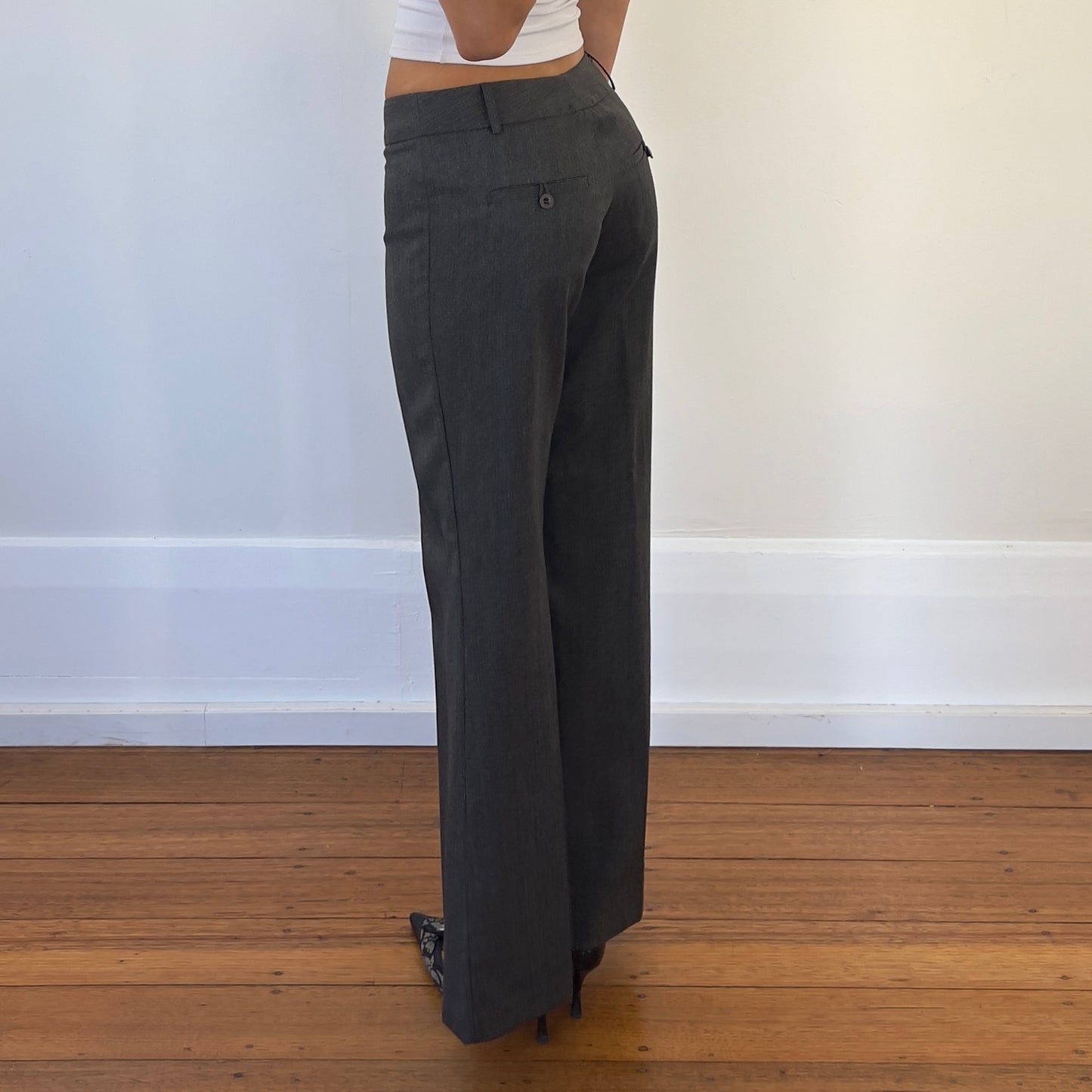 grey flared trousers
