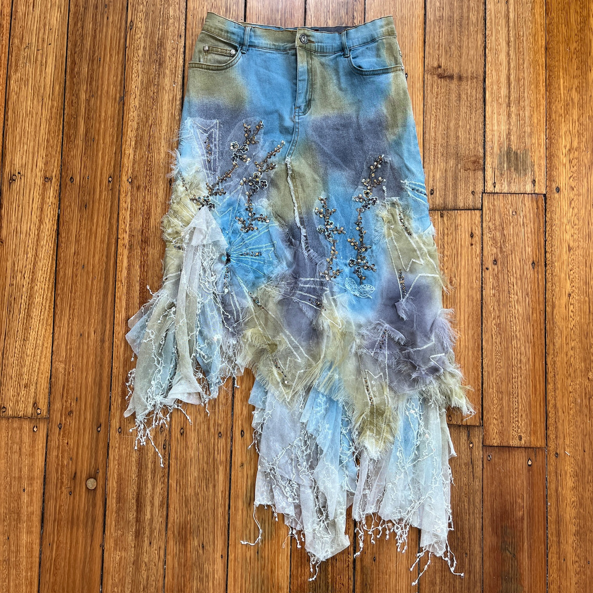 sequin beaded lace midi skirt
