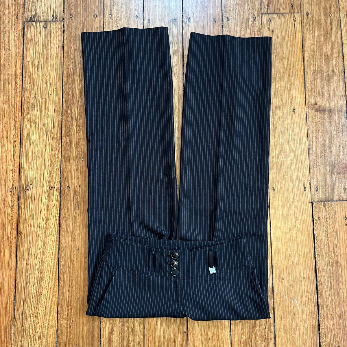 low rise pinstripe trousers