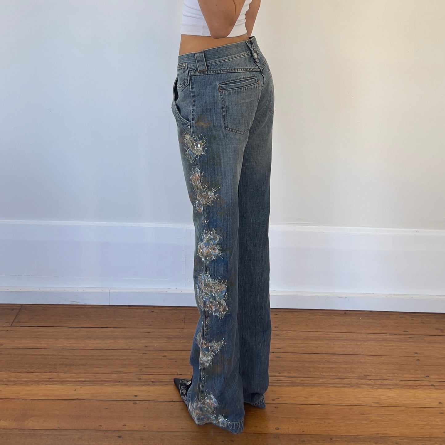 sequin/lace design jeans
