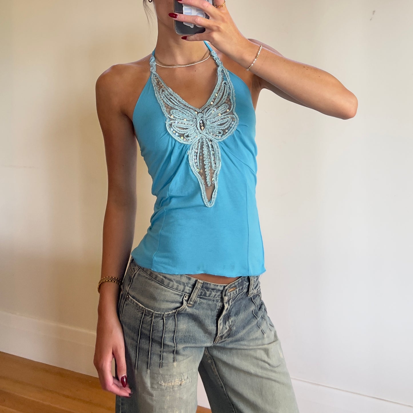 blue butterfly sequin halter