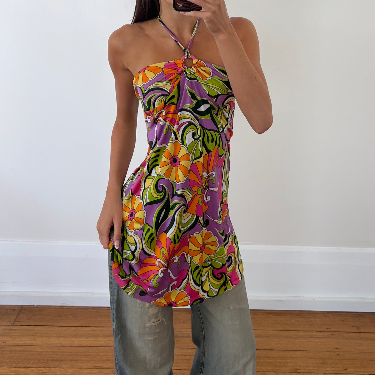 graphic halter mini dress