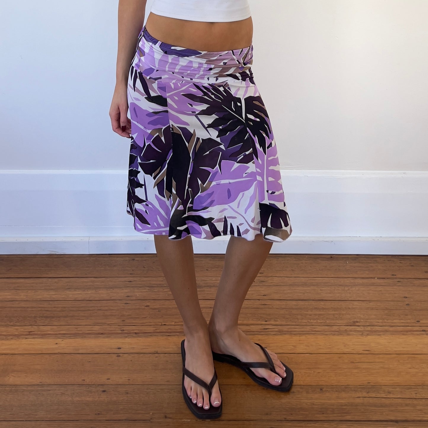 purple graphic midi skirt