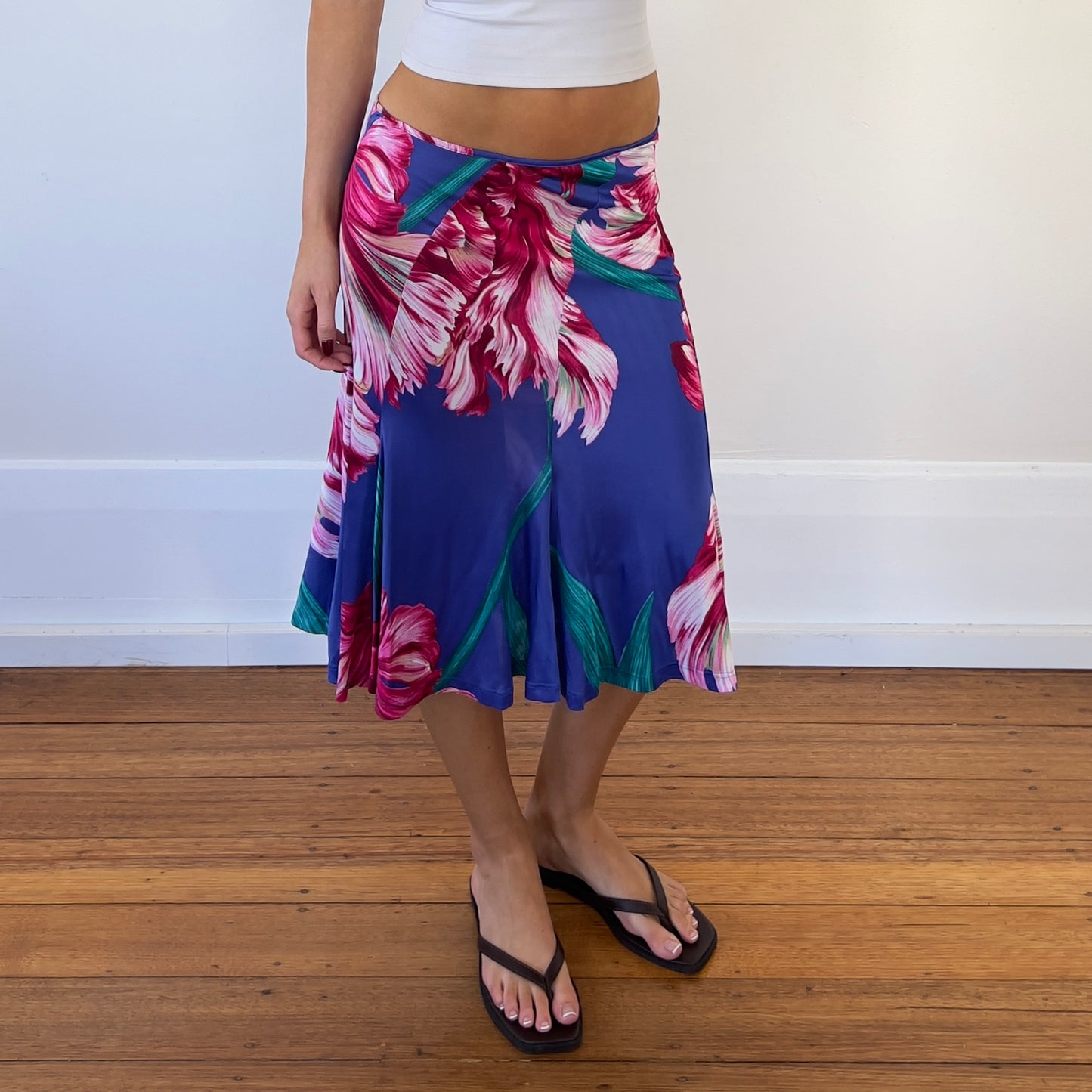 slinky floral midi skirt