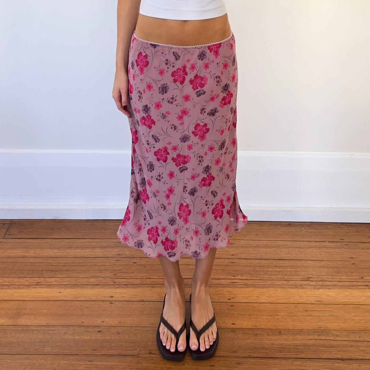 pink floral midi skirt