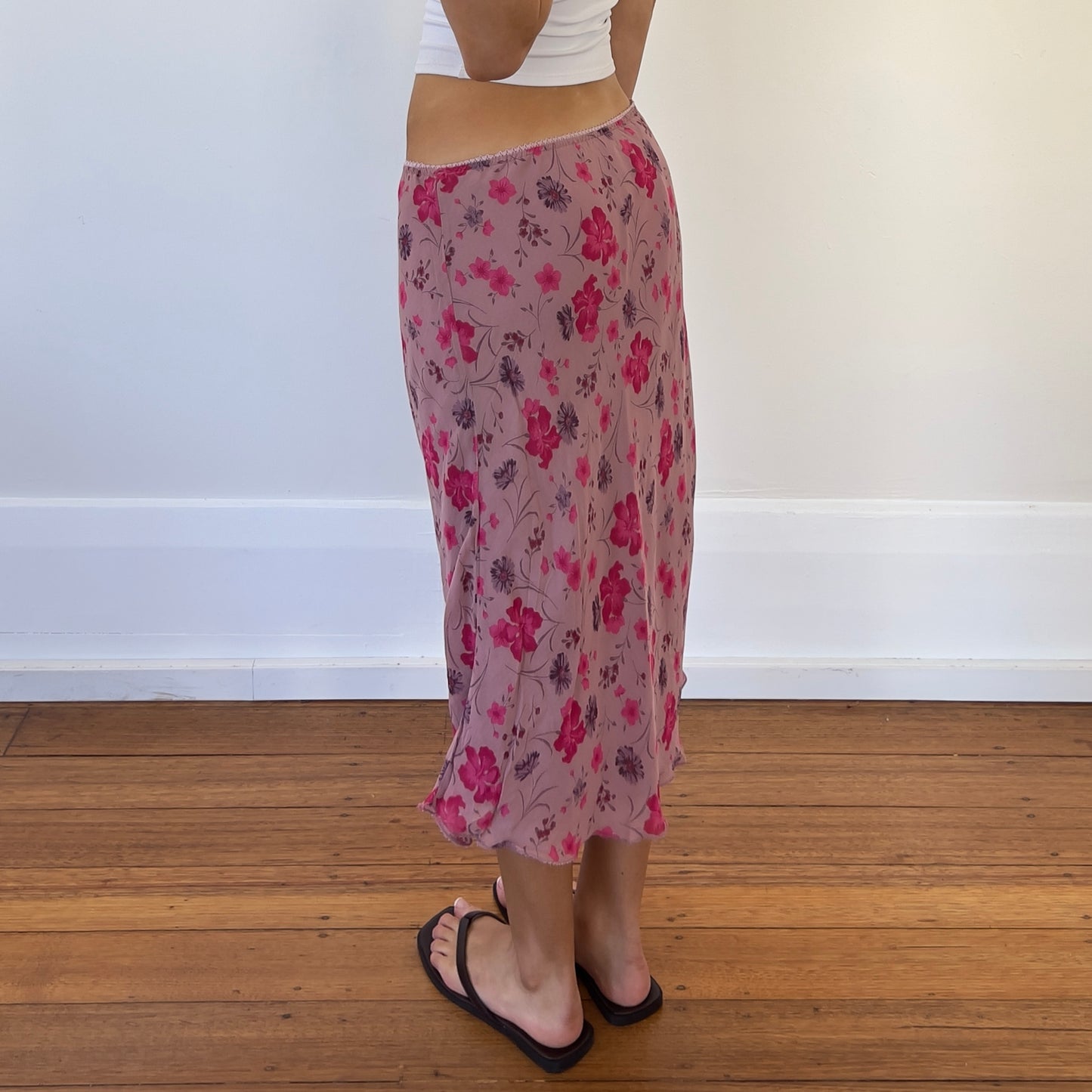 pink floral midi skirt