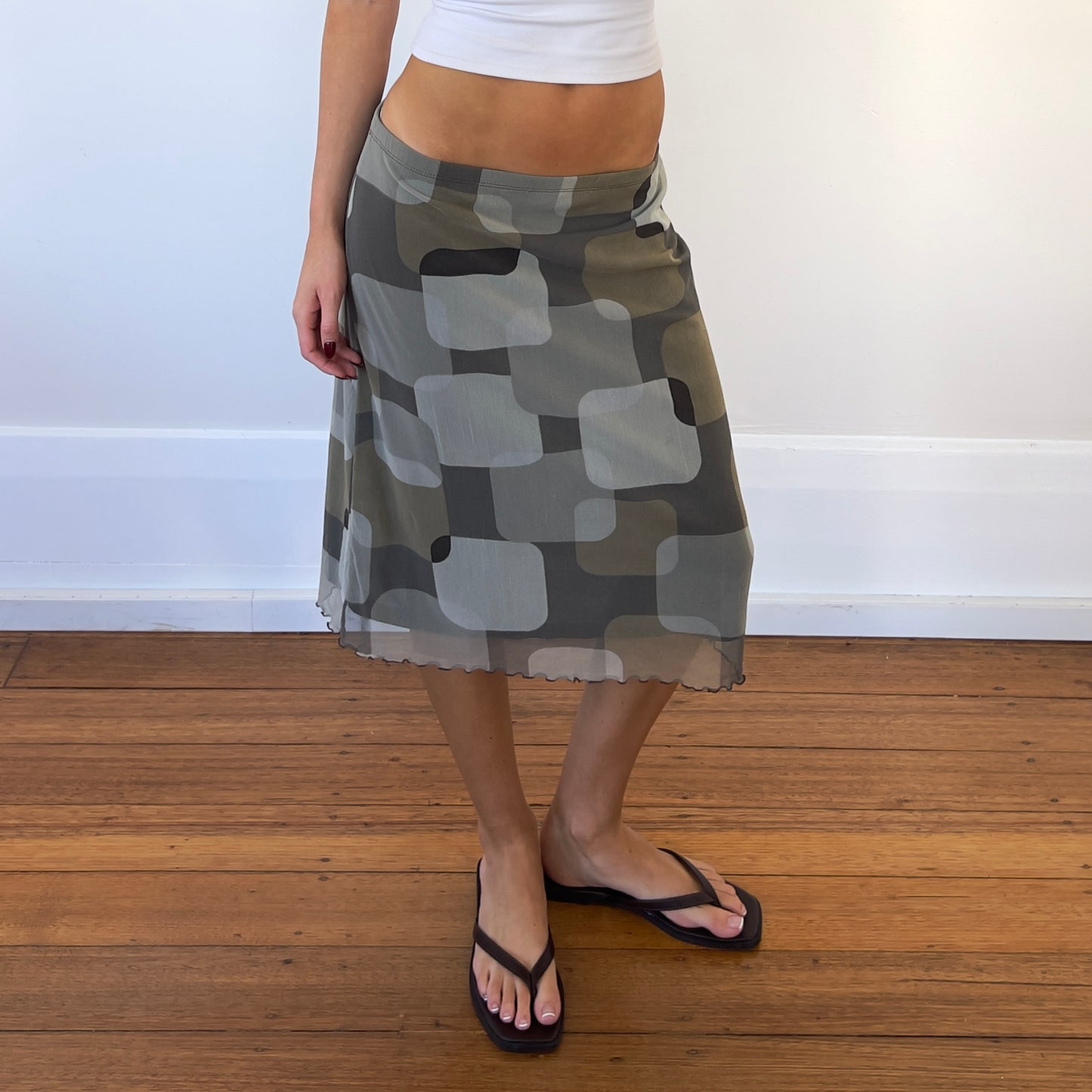 graphic khaki midi skirt
