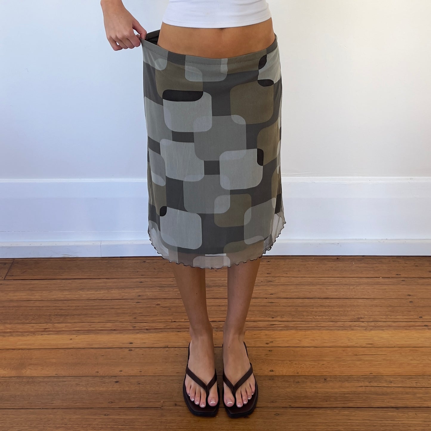 graphic khaki midi skirt