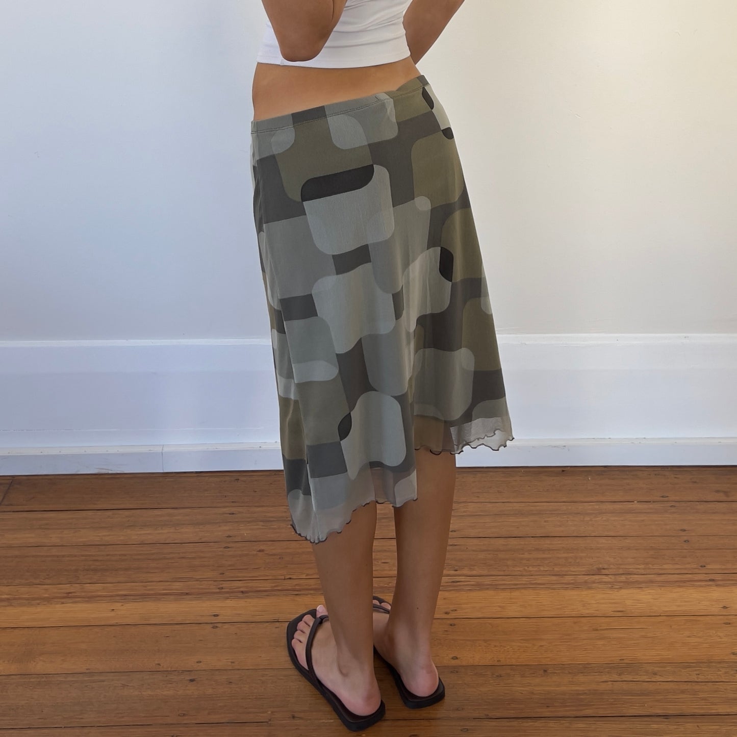 graphic khaki midi skirt