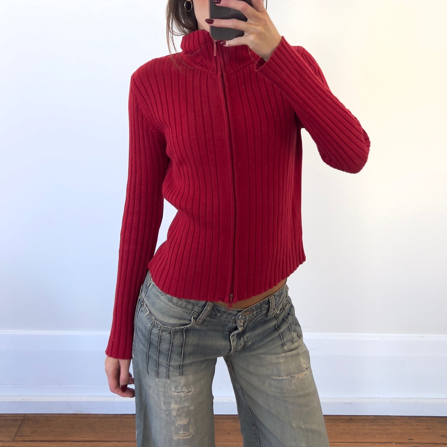 red zip-up knit