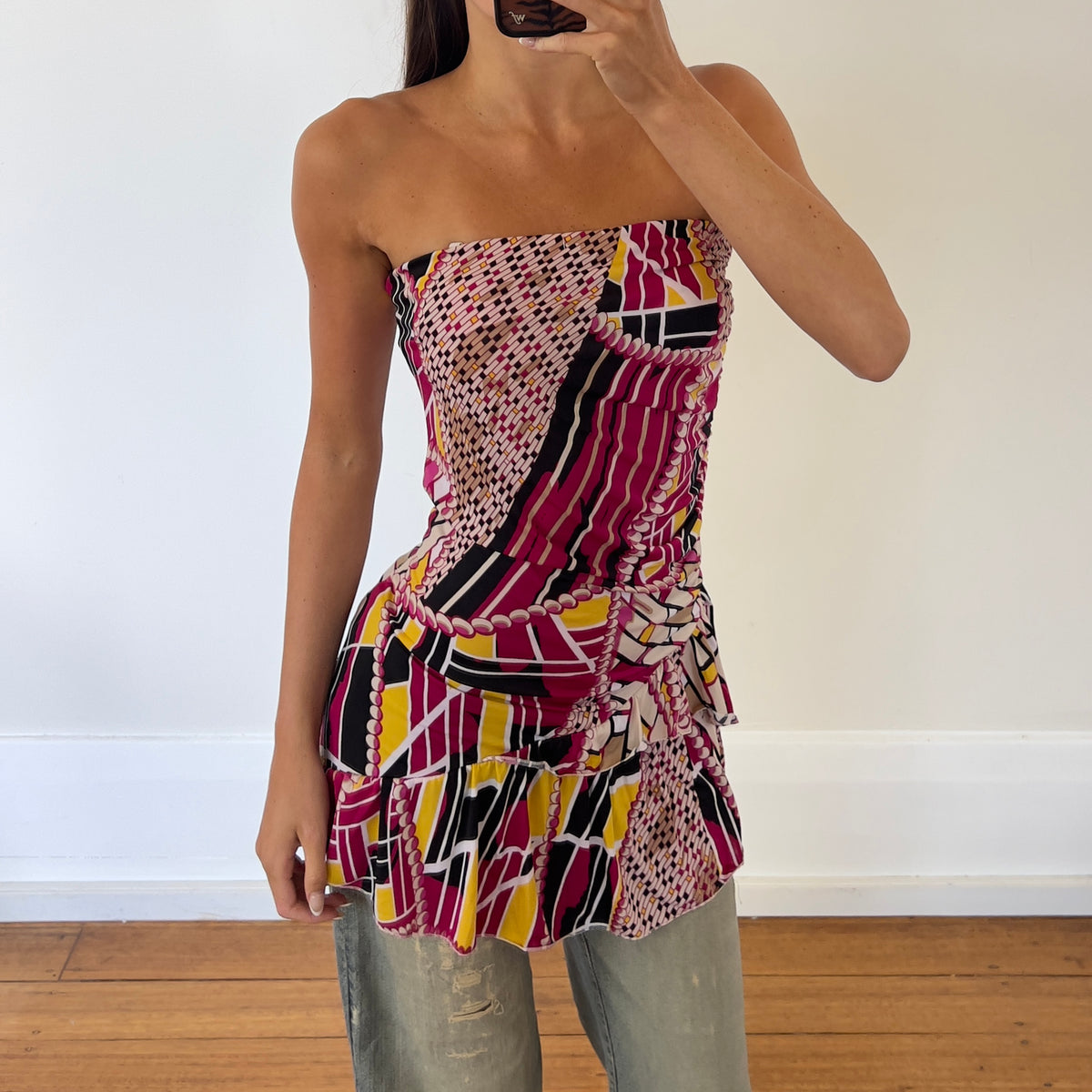 graphic strapless mini dress