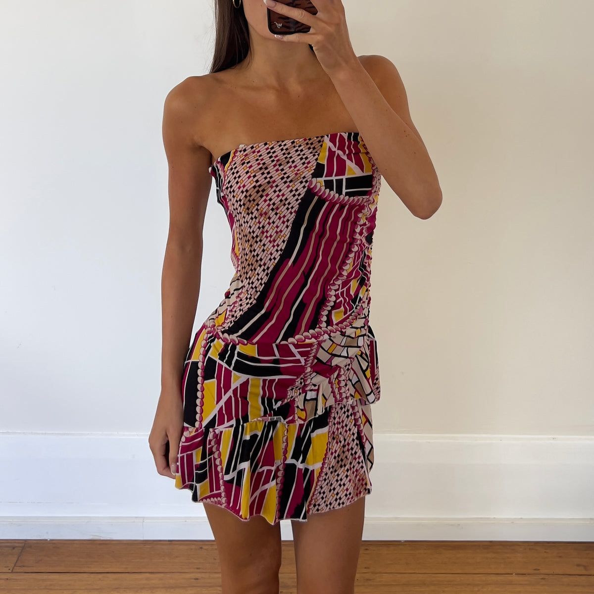 graphic strapless mini dress