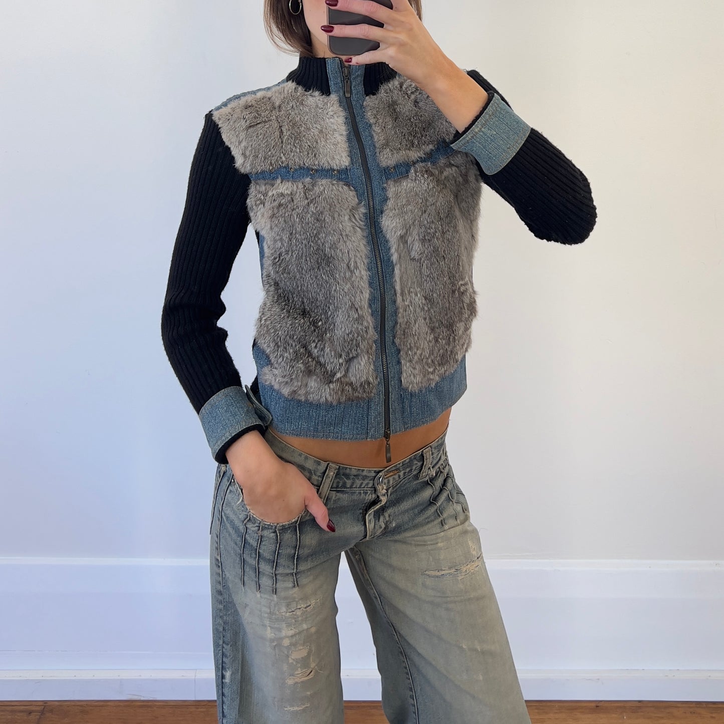 wool/fur zip up sweater