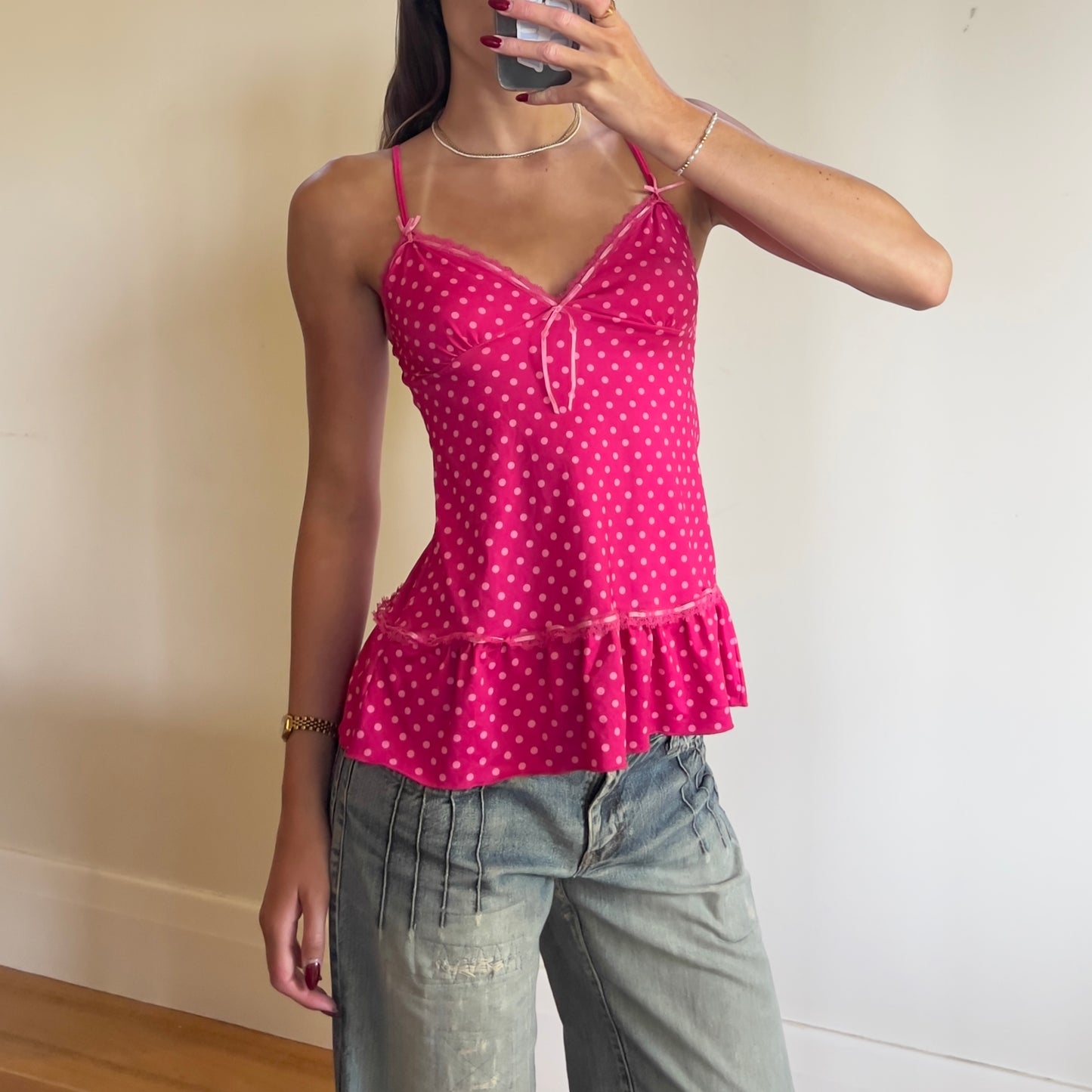 pink polkadot babydoll cami