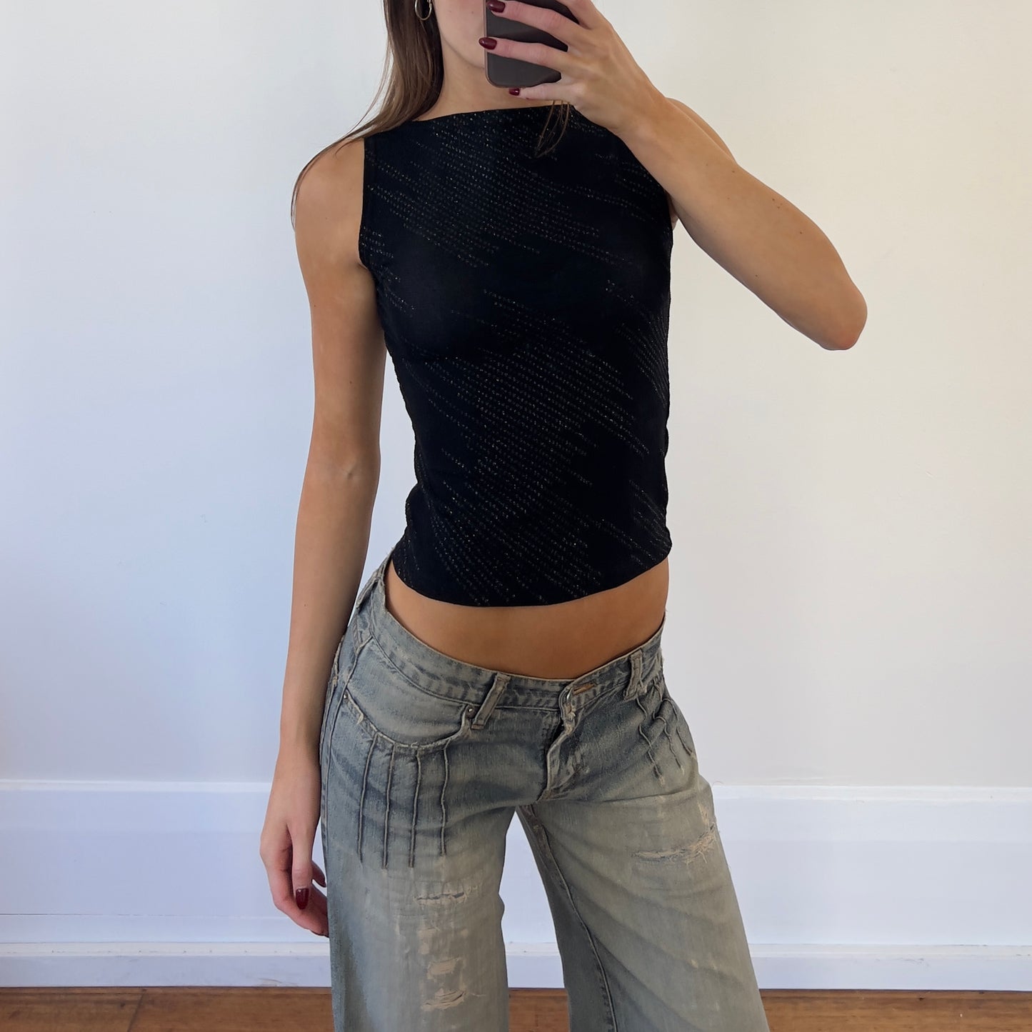 black sparkle boat neck tank