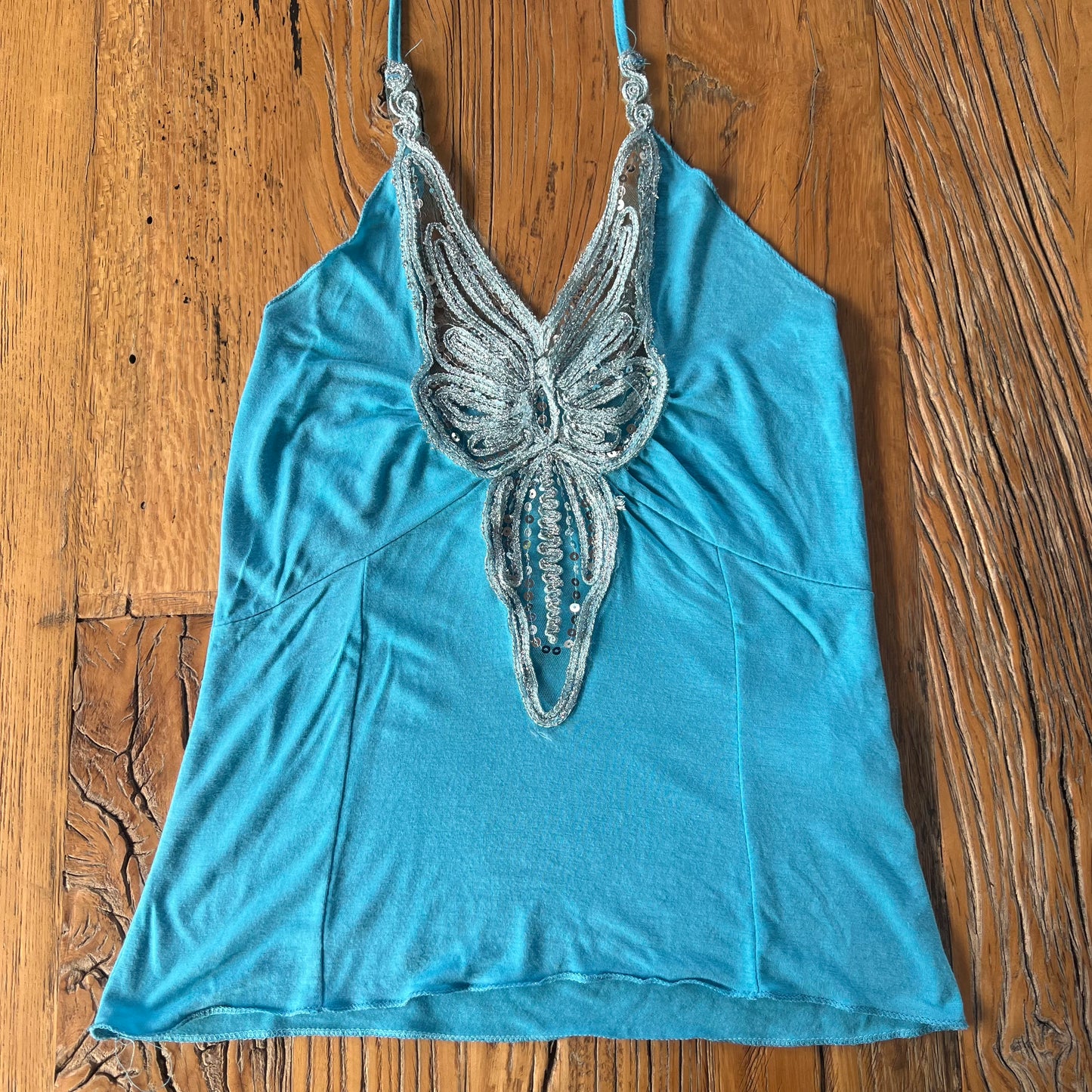 blue butterfly sequin halter