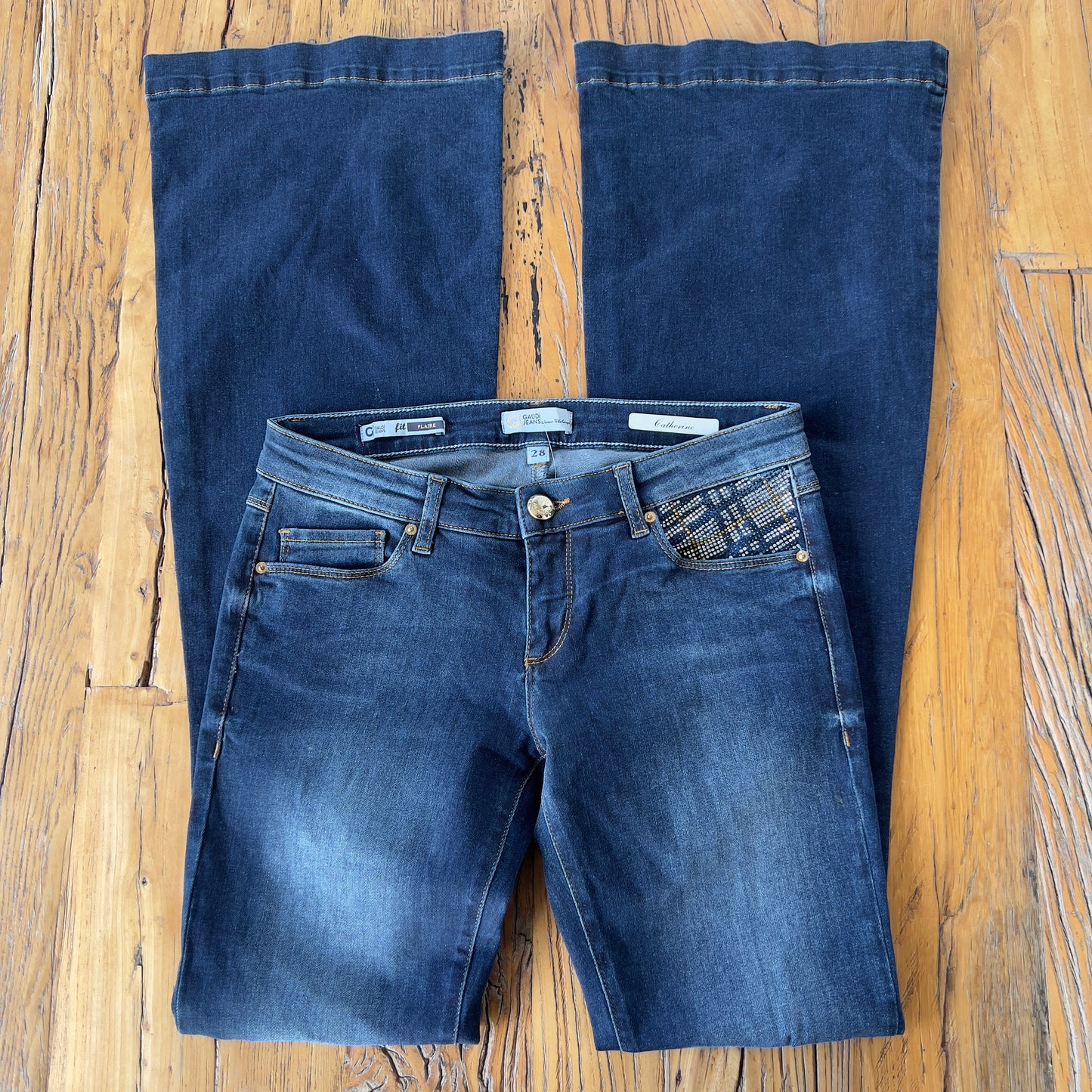 dark wash low rise flare jeans