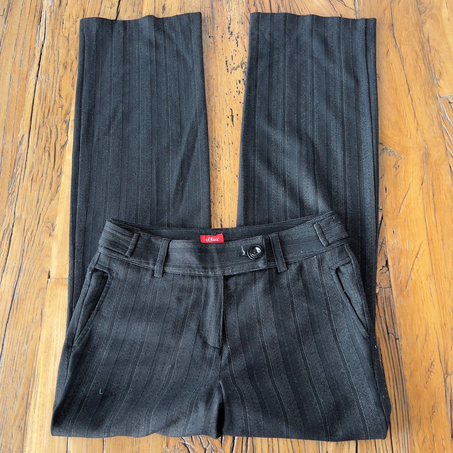 dark grey pinstripe trousers