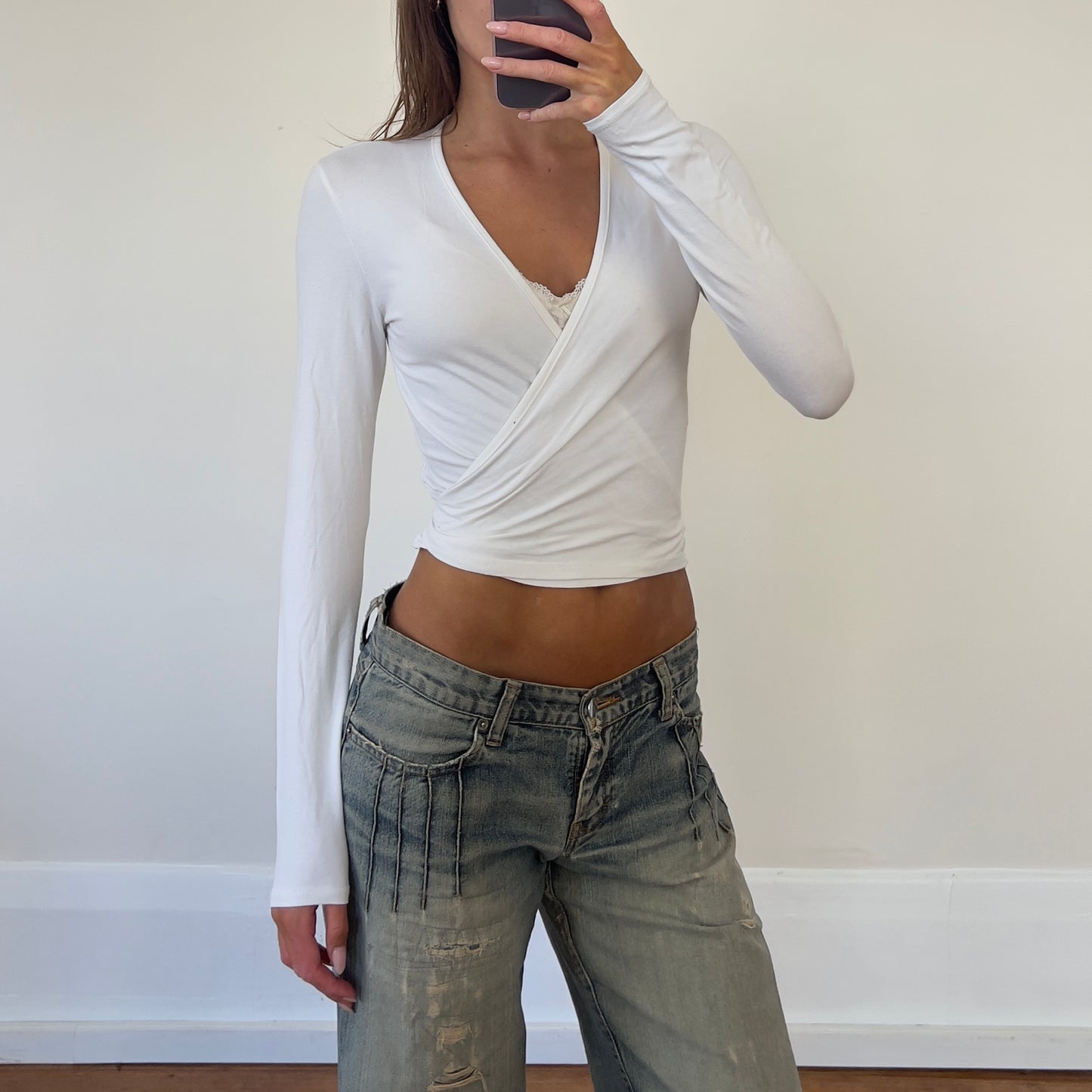 white wrap long sleeve top