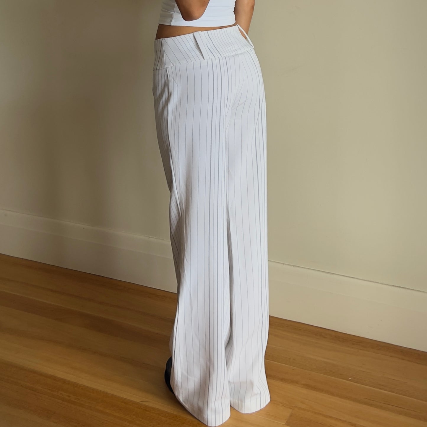 white pinstripe trousers