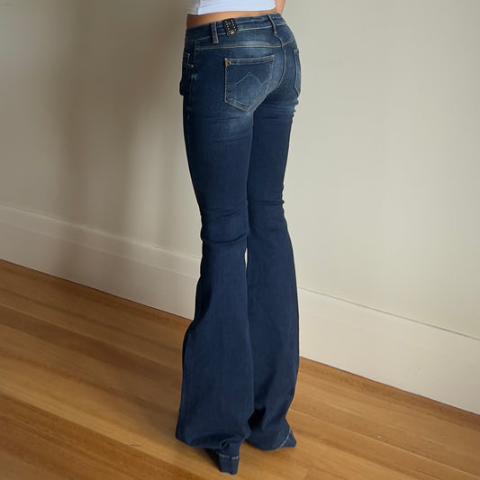 dark wash low rise flare jeans