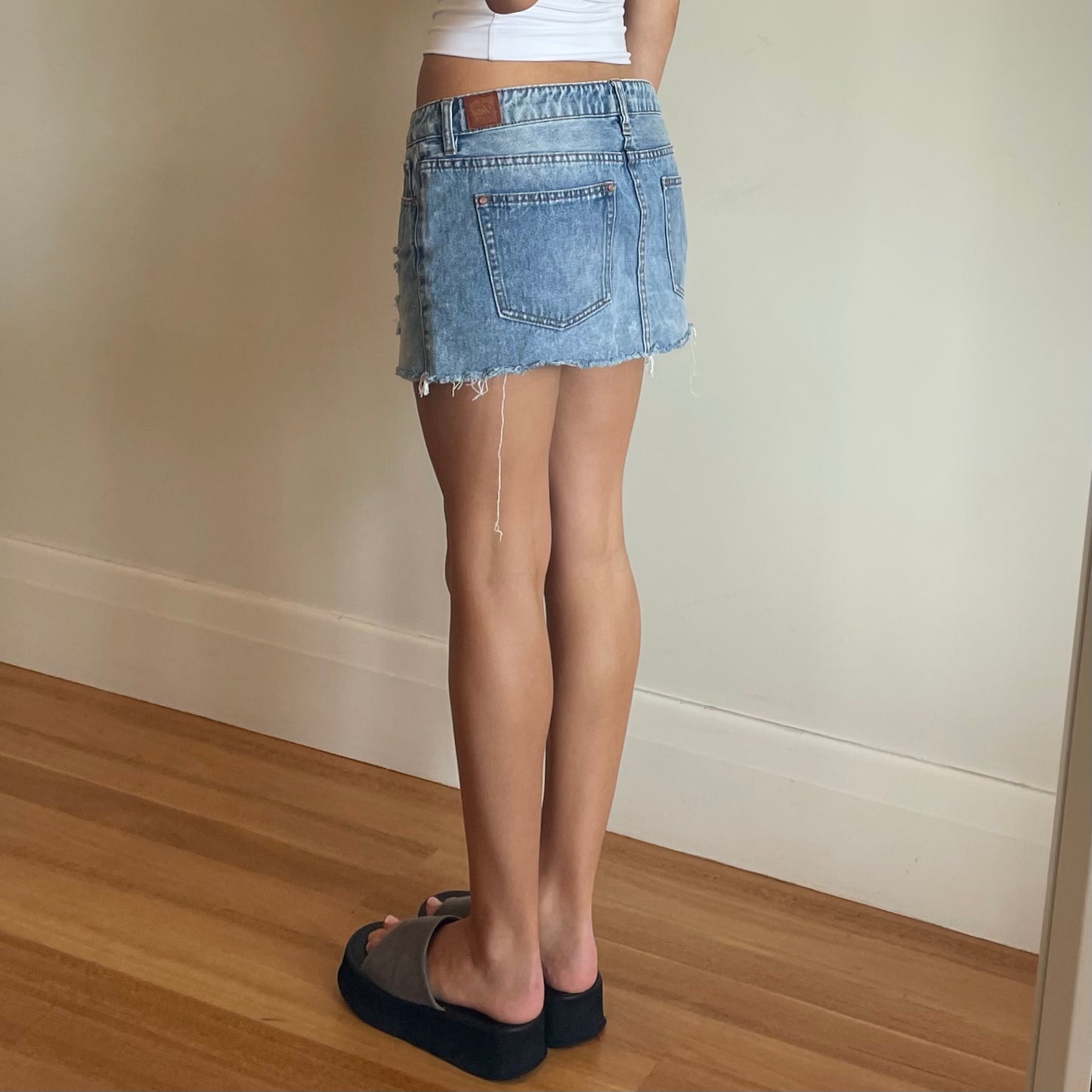 low rise denim mini skirt