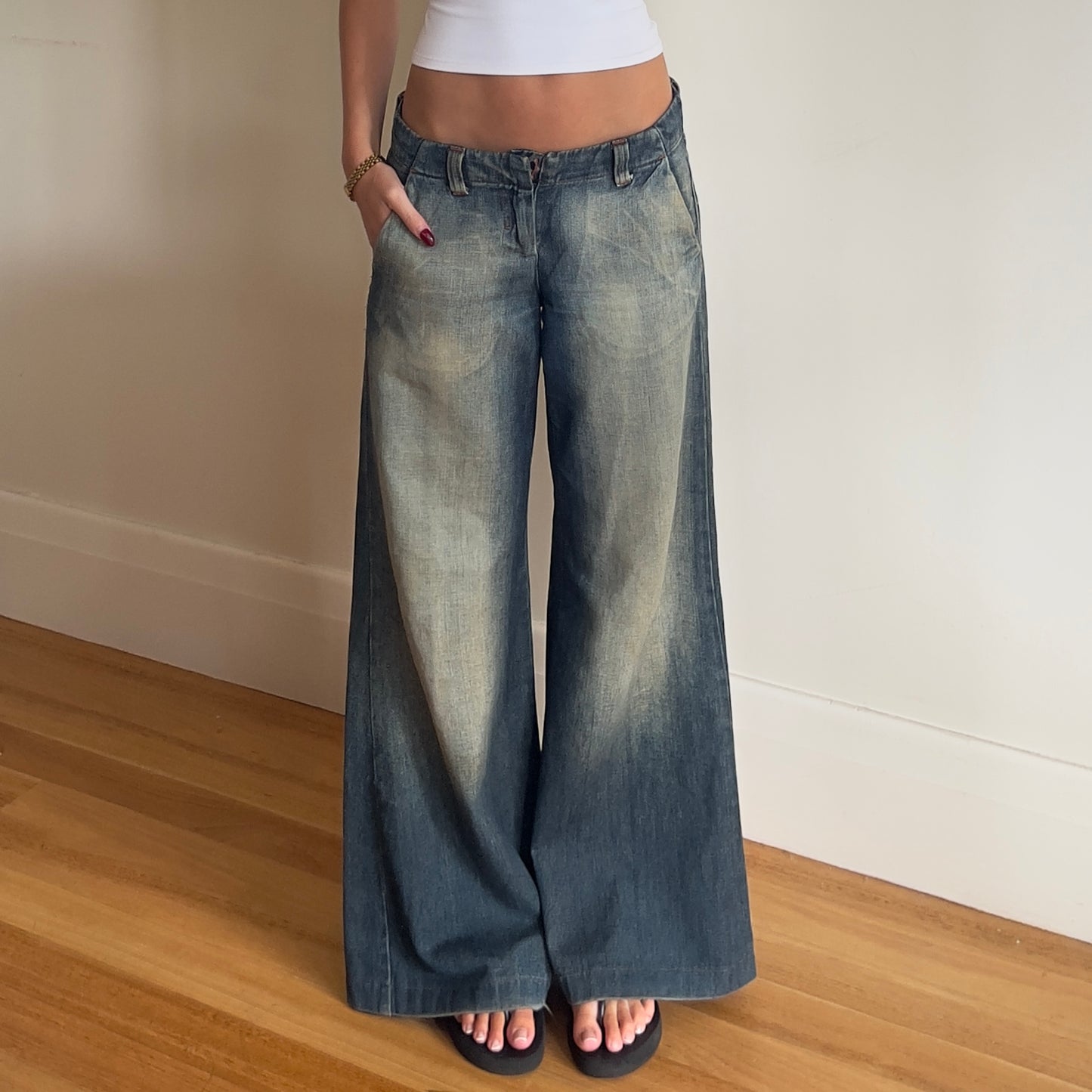 low rise acid wash jeans