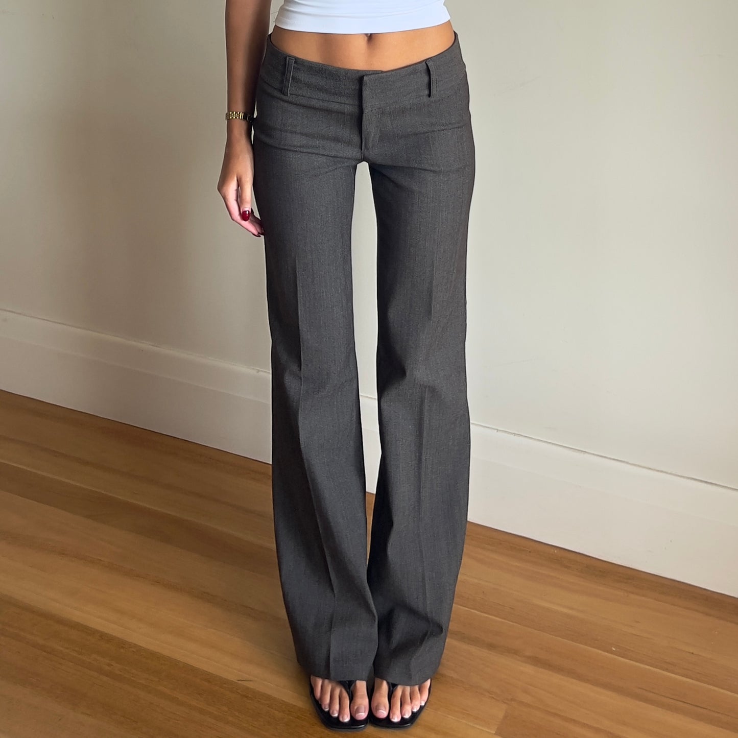 low rise grey trousers