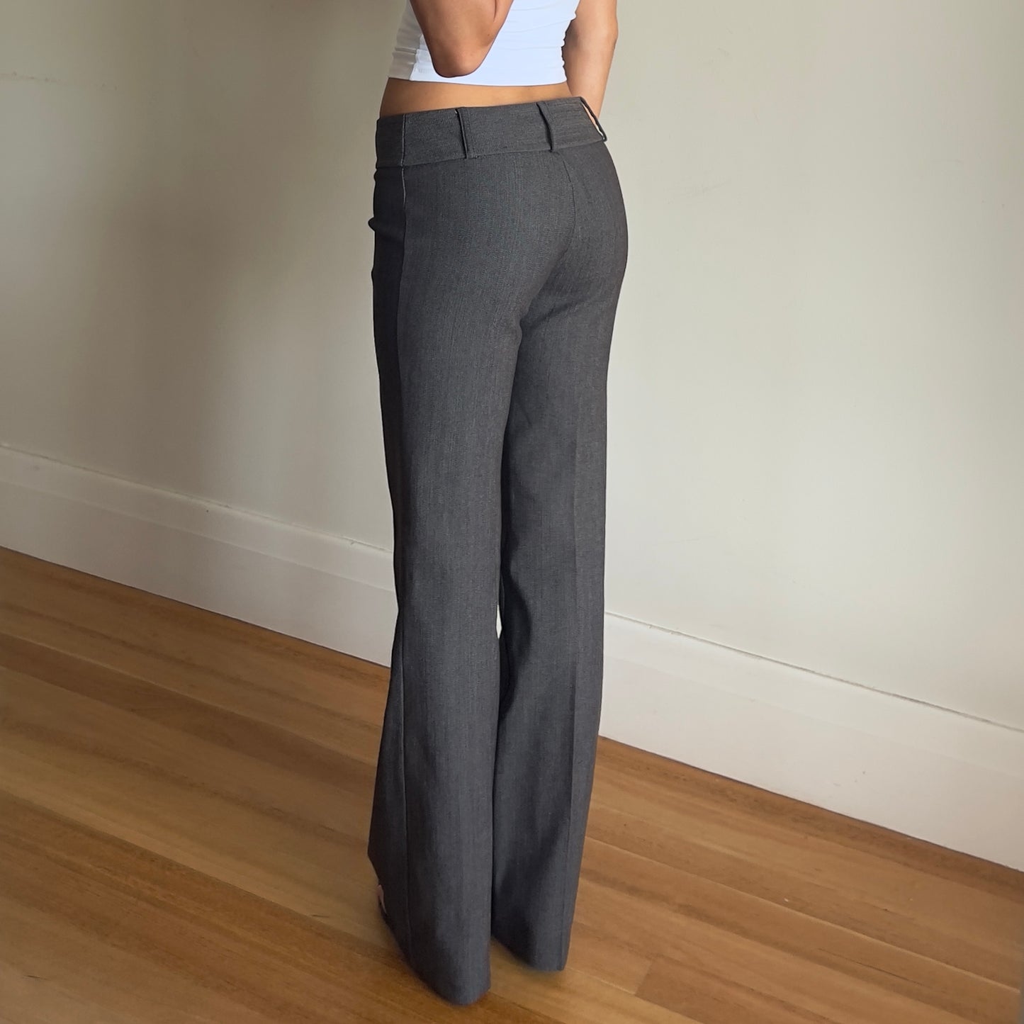 low rise grey trousers
