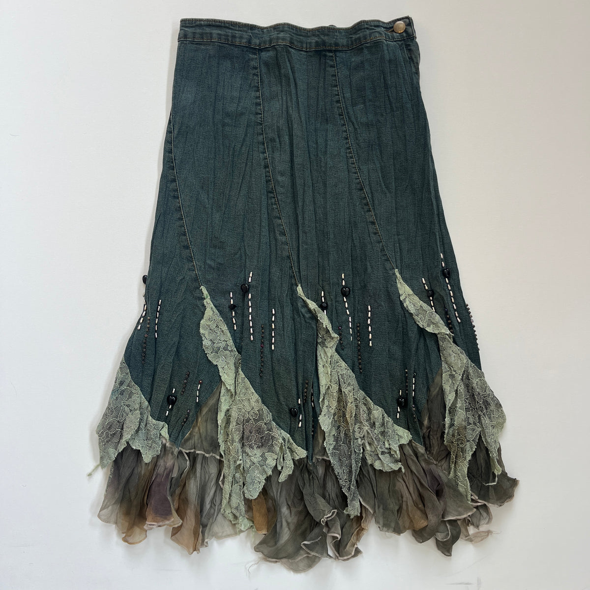 denim lace midi skirt