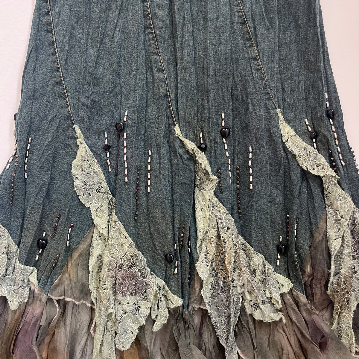denim lace midi skirt