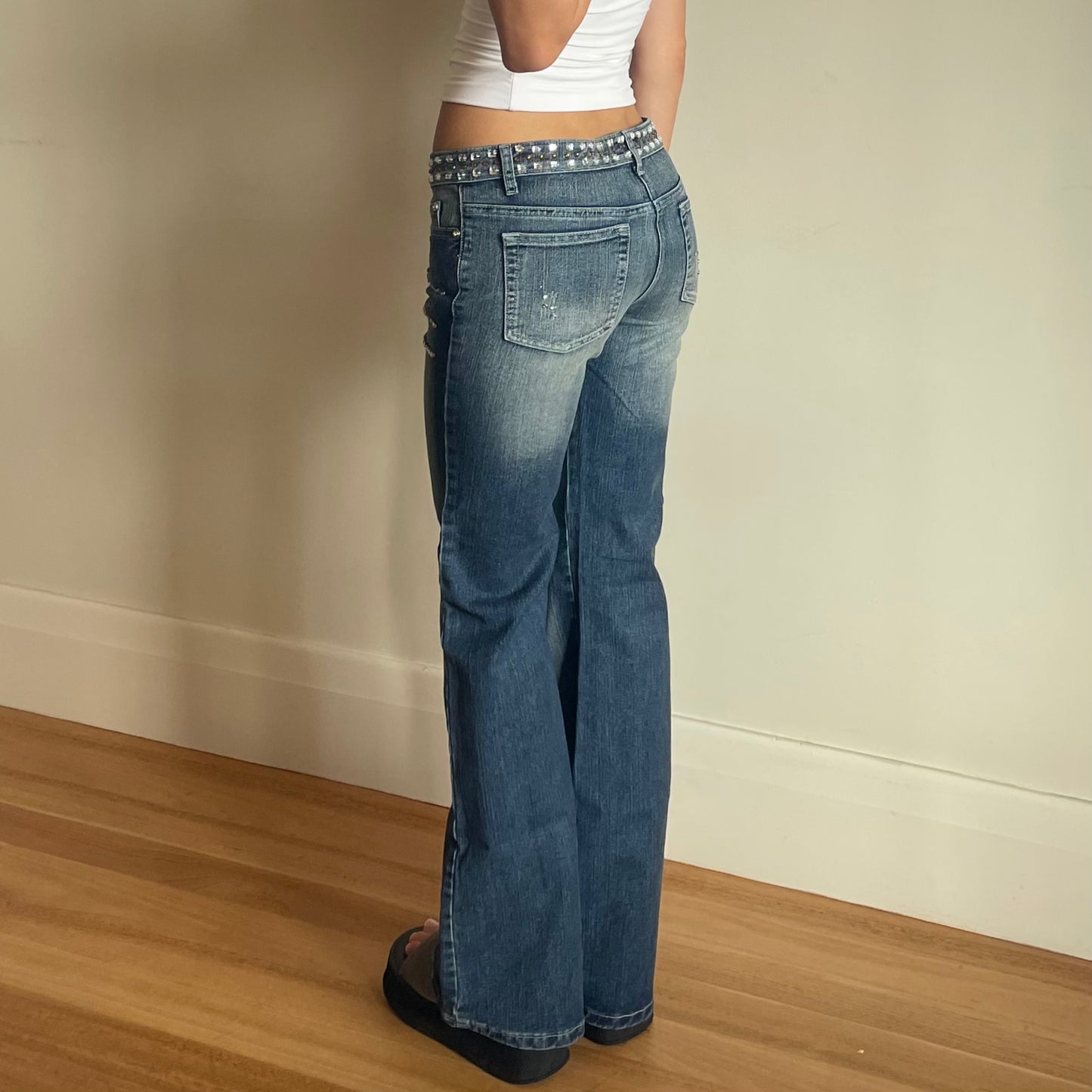 y2k bedazzled low rise flared jeans