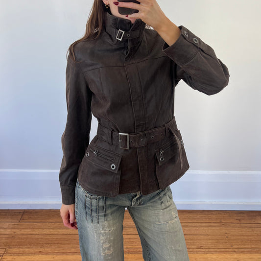 brown belted leather moto jacket