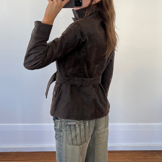 brown belted leather moto jacket