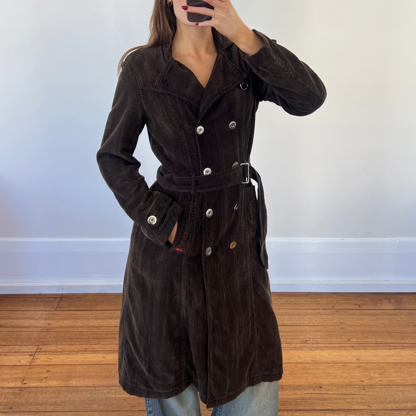 brown corduroy trench coat