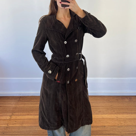 brown corduroy trench coat