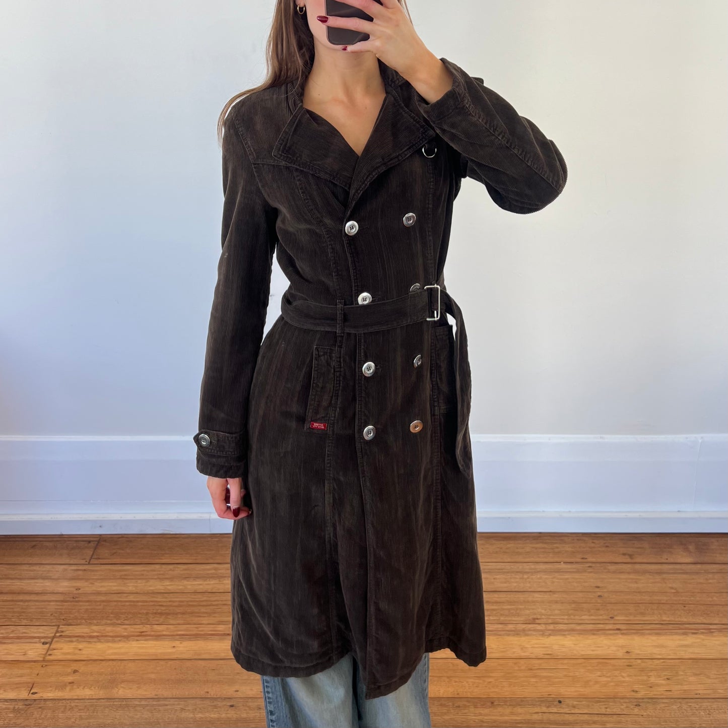 brown corduroy trench coat