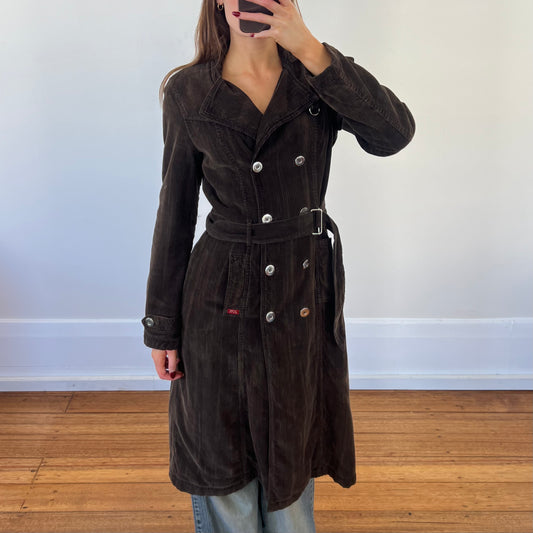 brown corduroy trench coat
