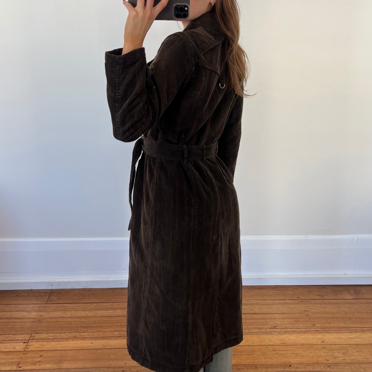 brown corduroy trench coat
