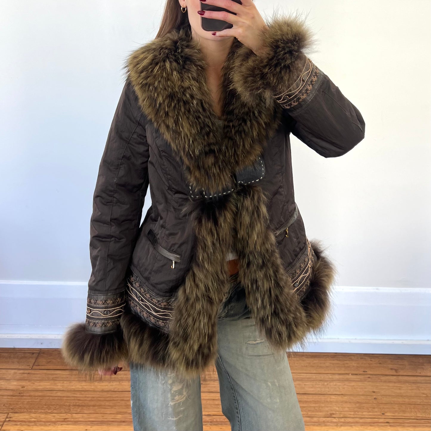 fur trim leather detail jacket