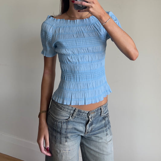 blue ruched off-shoulder top