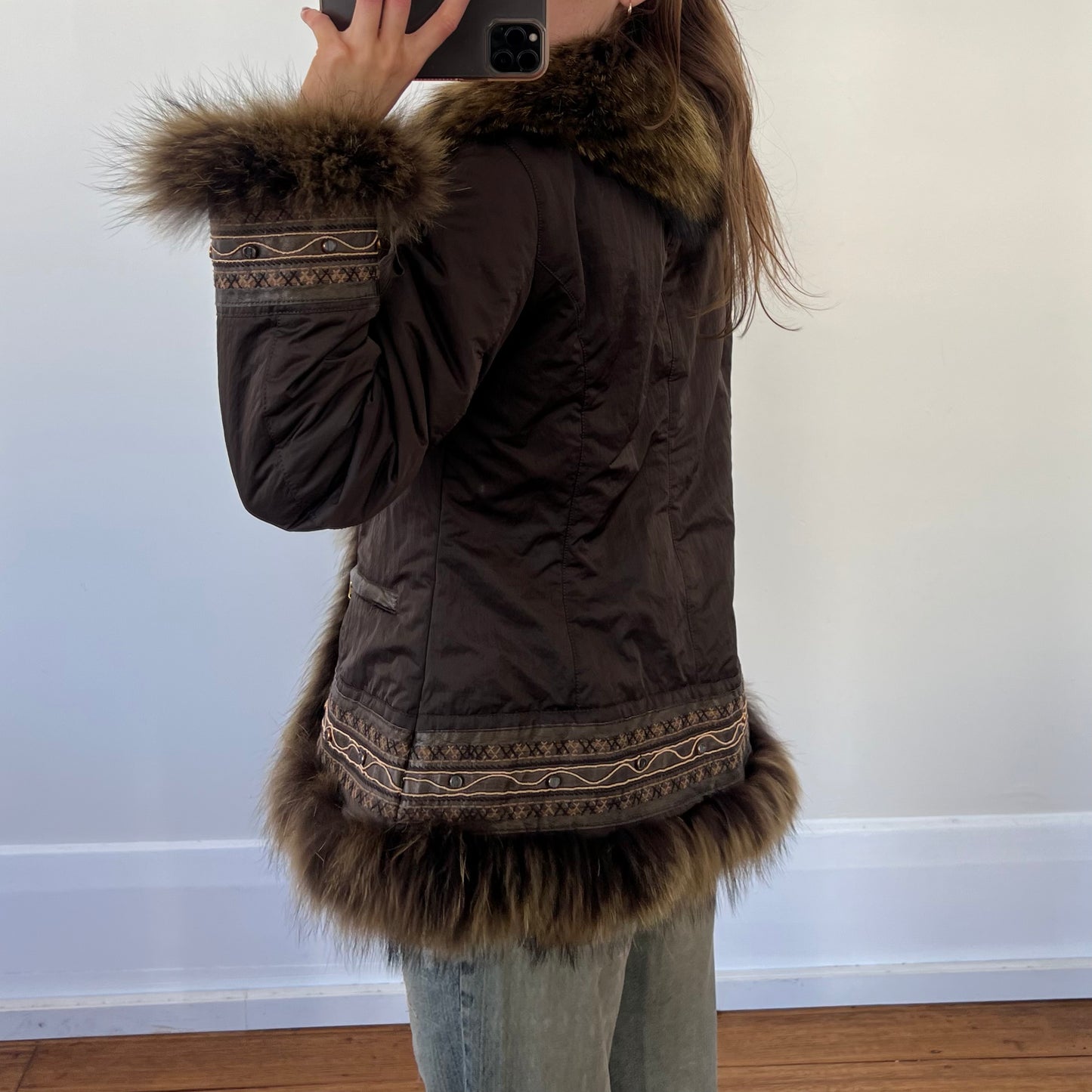 fur trim leather detail jacket