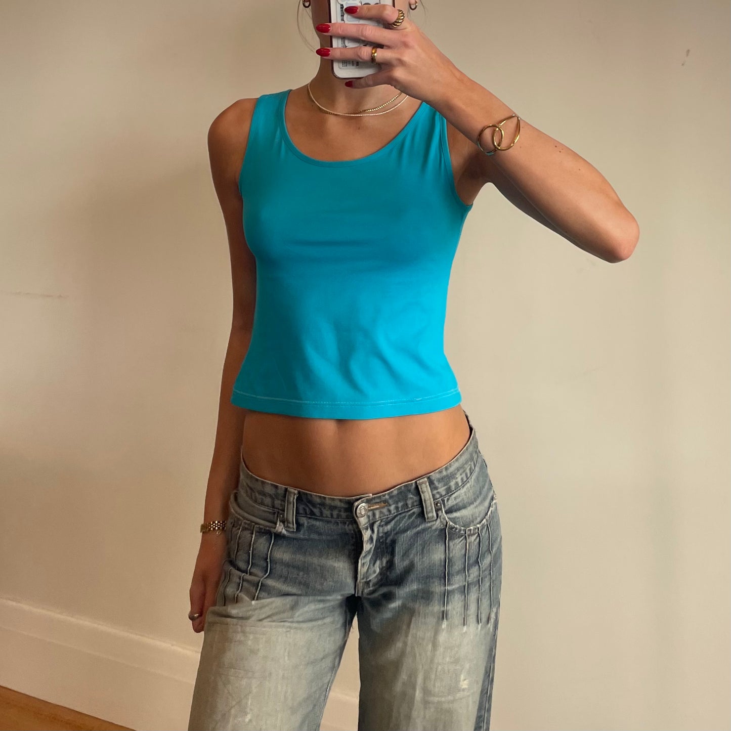 bright blue tank top