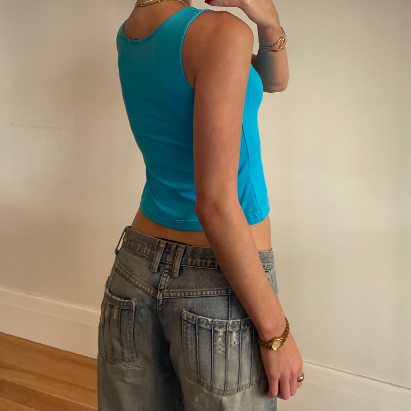 bright blue tank top