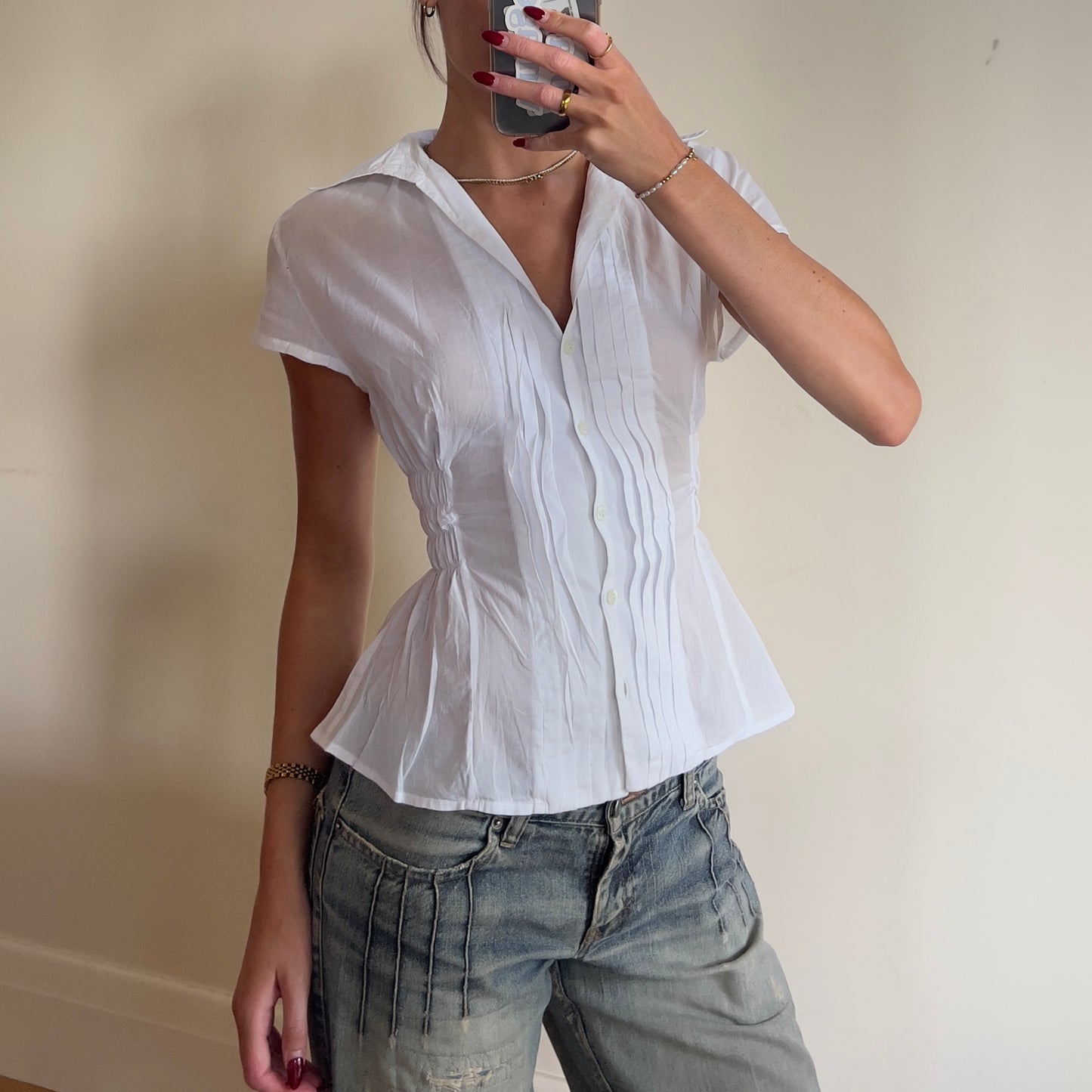 white reworked ruched shirt